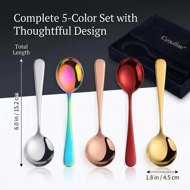 Alt view image 5 of 5 - 5 Color Soup Spoon set, Round Stainless Steel Bouillon Spoons 6-inch Metal Soup Spoon Flatware Set