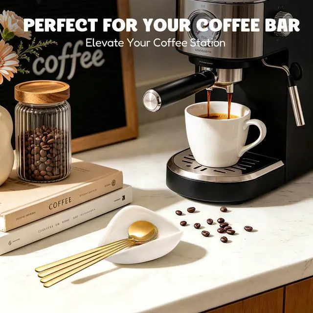 Alt view image 3 of 7 - Coffee Bar Accessories: Espresso Accessories - Coffee Stirrers for Hot Cocoa Bar Supplies - Set of 4 Gold Decor Coffee Spoons with 1 Ceramic Spoon Rest - Ideal CoffeeLover Gifts