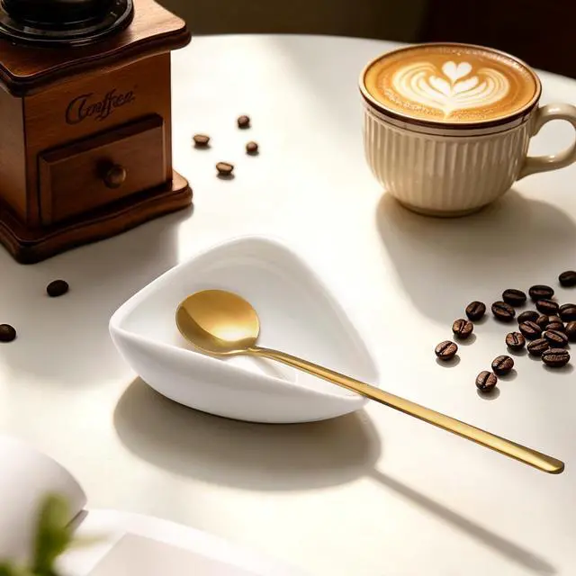 Alt view image 4 of 7 - Coffee Bar Accessories: Espresso Accessories - Coffee Stirrers for Hot Cocoa Bar Supplies - Set of 4 Gold Decor Coffee Spoons with 1 Ceramic Spoon Rest - Ideal CoffeeLover Gifts