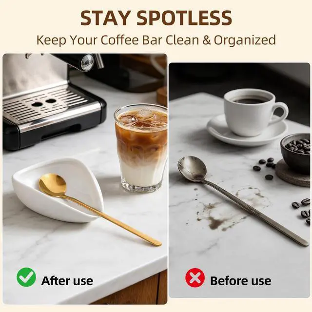Alt view image 6 of 7 - Coffee Bar Accessories: Espresso Accessories - Coffee Stirrers for Hot Cocoa Bar Supplies - Set of 4 Gold Decor Coffee Spoons with 1 Ceramic Spoon Rest - Ideal CoffeeLover Gifts