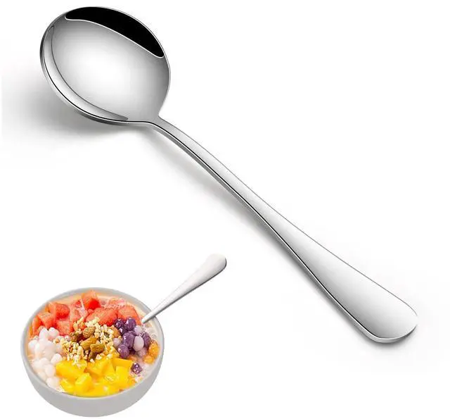 Main image of Round Soup Spoons Set of 8, 7.4 Inch Classic Metal Kitchen Silverware Spoons, Mirror Polished Stainless Steel Spoons for Cereal, Dessert