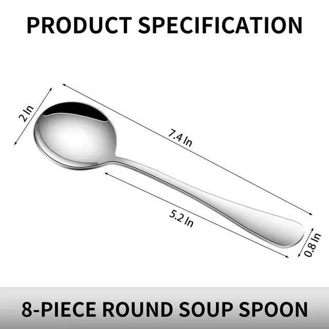 Alt view image 2 of 6 - Round Soup Spoons Set of 8, 7.4 Inch Classic Metal Kitchen Silverware Spoons, Mirror Polished Stainless Steel Spoons for Cereal, Dessert