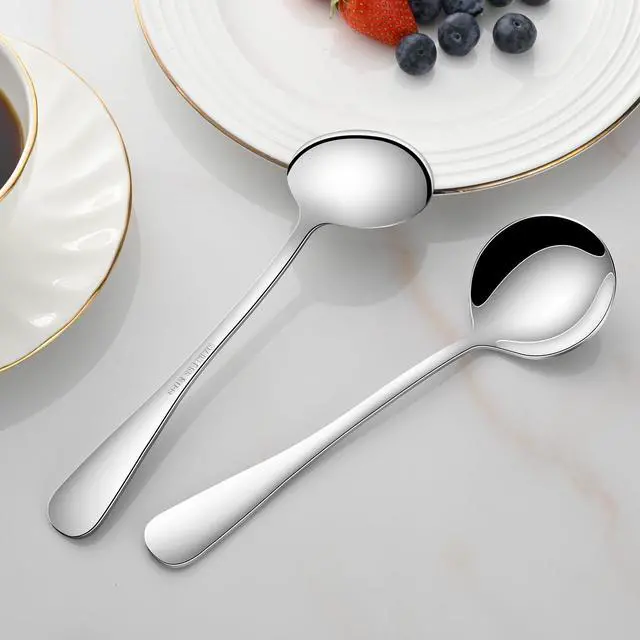 Alt view image 4 of 6 - Round Soup Spoons Set of 8, 7.4 Inch Classic Metal Kitchen Silverware Spoons, Mirror Polished Stainless Steel Spoons for Cereal, Dessert