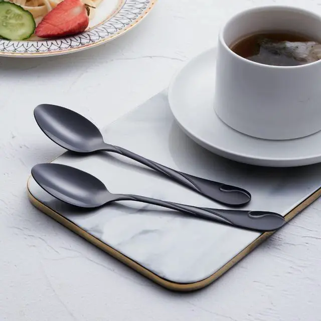 Alt view image 4 of 6 - Black Dessert Spoon Set, Seeshine 6.5-inch Stainless Steel Shiny Black Teaspoon, Espresso Coffee Spoon, Set of 6