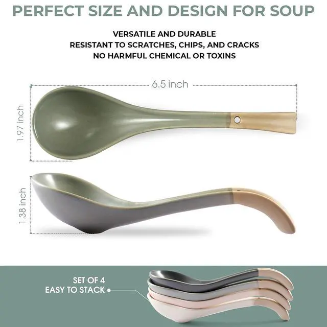 Alt view image 2 of 6 - Asian Ceramic Soup Spoon, with Long Handle Easy to Hold, Non-slip Bottom, for Japanese Ramen, Chinese and Vietnamese Wonton, Noodle Soup Spoons (V38)