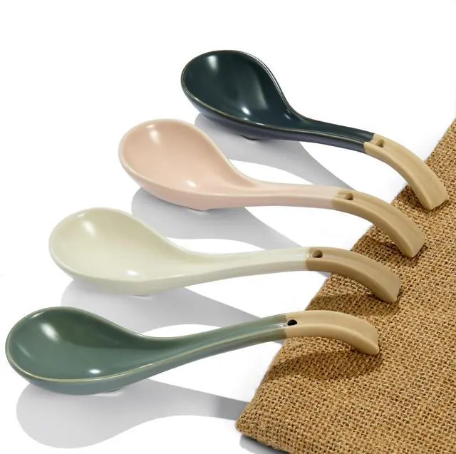 Main image of Asian Ceramic Soup Spoon, with Long Handle Easy to Hold, Non-slip Bottom, for Japanese Ramen, Chinese and Vietnamese Wonton, Noodle Soup Spoons (V38)