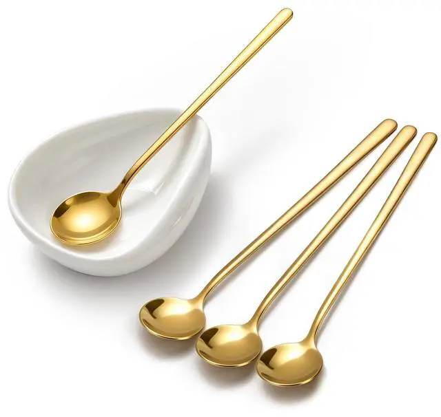 Main image of Coffee Bar Accessories: Espresso Accessories - Coffee Stirrers for Hot Cocoa Bar Supplies - Set of 4 Gold Decor Coffee Spoons with 1 Ceramic Spoon Rest - Ideal CoffeeLover Gifts
