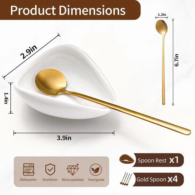 Alt view image 2 of 7 - Coffee Bar Accessories: Espresso Accessories - Coffee Stirrers for Hot Cocoa Bar Supplies - Set of 4 Gold Decor Coffee Spoons with 1 Ceramic Spoon Rest - Ideal CoffeeLover Gifts