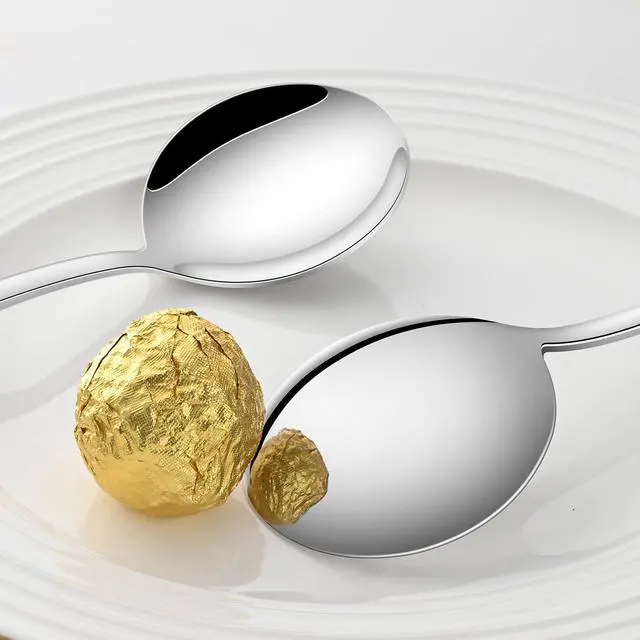 Alt view image 3 of 6 - Round Soup Spoons Set of 8, 7.4 Inch Classic Metal Kitchen Silverware Spoons, Mirror Polished Stainless Steel Spoons for Cereal, Dessert