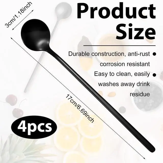 Alt view image 4 of 7 - 4Pcs Satin Black Stainless Steel Coffee Spoons, 6.7 Inches Coffee Spoons Iced Teaspoon Espresso Stirring Spoon, Matte Black Teaspoons Dessert Spoon