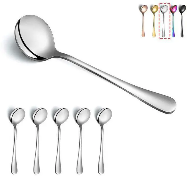 Main image of 6-Piece Stainless Steel Round Soup Spoons - Dinner & Table Spoons, Silverware Set, Dishwasher Safe