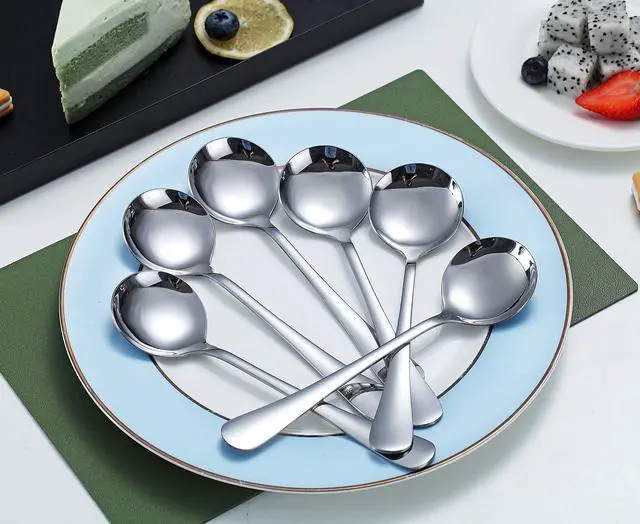 Alt view image 3 of 7 - 6-Piece Stainless Steel Round Soup Spoons - Dinner & Table Spoons, Silverware Set, Dishwasher Safe