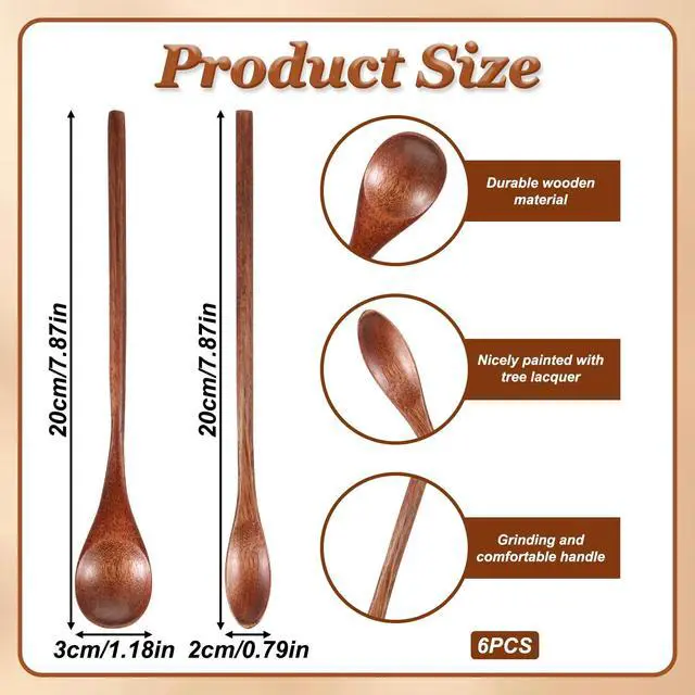 Alt view image 2 of 7 - 6PCS Wooden Coffee Spoons 7.8inch Long Handle Mixing Teaspoon Wood Honey Spoon Handmade Stirring Teaspoon for Kitchen Stirring