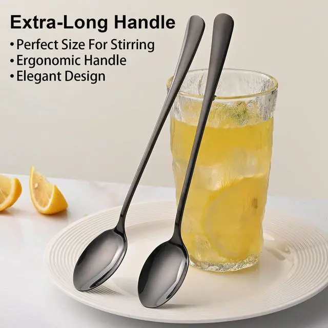 Alt view image 4 of 7 - 7.5 Inches Black Coffee Stirring Spoons Set,Set Of 8 Stanless Steel Iced Teaspoons,Long Handle Mixing Spoons For Cocktail And Sundae,Long Ice Cream Spoons