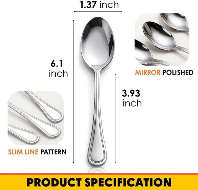 Alt view image 3 of 7 - Teaspoon Set of 6, Stainless Steel 6.1 Inch Coffee Spoons with Elegant Line Handle for Home, Cafe, Restaurant, Dessert, Ice Cream, Dishwasher Safe