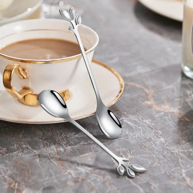 Alt view image 4 of 7 - Elegant Silver Leaf Coffee Spoons - 10-Piece, 4.7" Mini Spoon