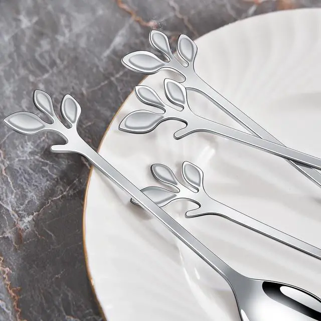 Alt view image 7 of 7 - Elegant Silver Leaf Coffee Spoons - 10-Piece, 4.7" Mini Spoon