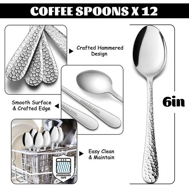 Alt view image 2 of 7 - 12-Piece Small Coffee Spoons, 6-Inch Stainless Steel Mini Espresso Spoons for Coffee/Sugar/Tea, Hammered Design & Rust Free, Dishwasher Safe