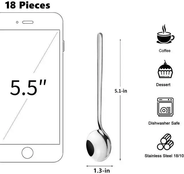 Alt view image 2 of 5 - 10 Pack Espresso spoons 18/10 Stainless Steel Teaspoons Set for Coffee Sugar Dessert Cake Ice Cream Soup Antipasto Cappuccino, 5.3 Inch Silver