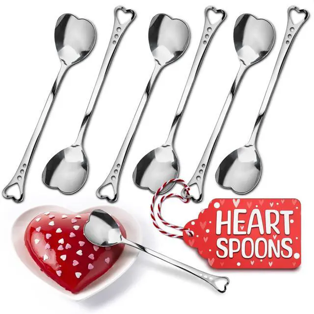 Main image of Sugar Spoon Set of 6 5.6" Stainless Steel Heart Spoons for Coffee, Ice Latte, Tea, Cocktails, Ice Cream and Desserts Cute Spoon Set for Bridal Shower & Wedding Favors | Demitasse Coffee Spoons