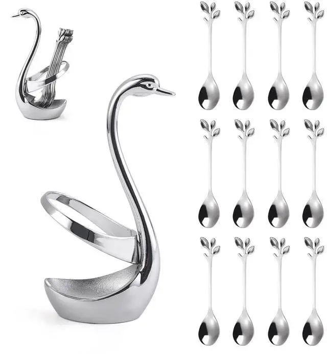 Main image of Stainless Steel Silver Creative Dinnerware Set OIULO - Decorative Swan Base Holder with 12 Leaf Spoons for Coffee, Fruit,Dessert,Stirring, Mixing, Sugar, Stir, Ice Cream, Cake, Teaspoon (Silver)