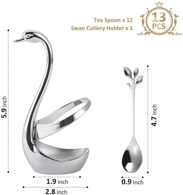 Alt view image 2 of 7 - Stainless Steel Silver Creative Dinnerware Set OIULO - Decorative Swan Base Holder with 12 Leaf Spoons for Coffee, Fruit,Dessert,Stirring, Mixing, Sugar, Stir, Ice Cream, Cake, Teaspoon (Silver)