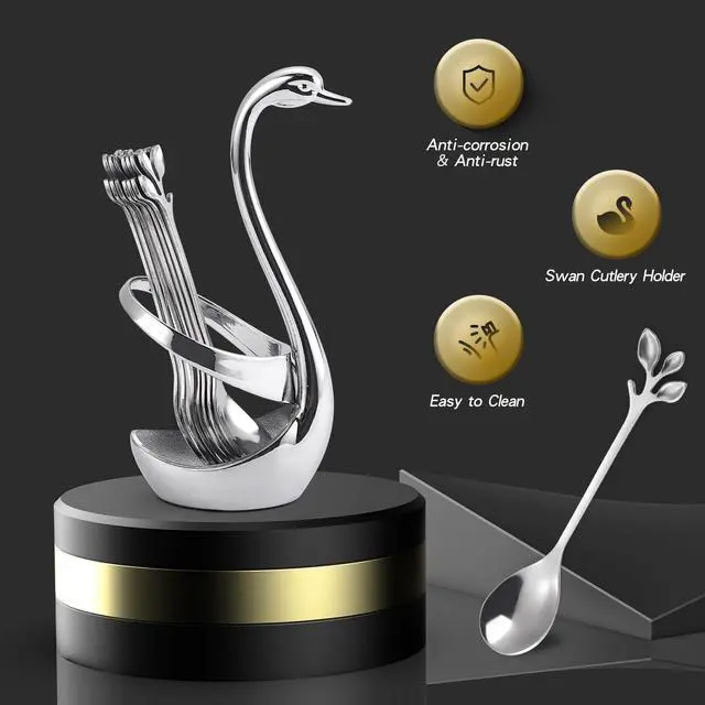 Alt view image 3 of 7 - Stainless Steel Silver Creative Dinnerware Set OIULO - Decorative Swan Base Holder with 12 Leaf Spoons for Coffee, Fruit,Dessert,Stirring, Mixing, Sugar, Stir, Ice Cream, Cake, Teaspoon (Silver)