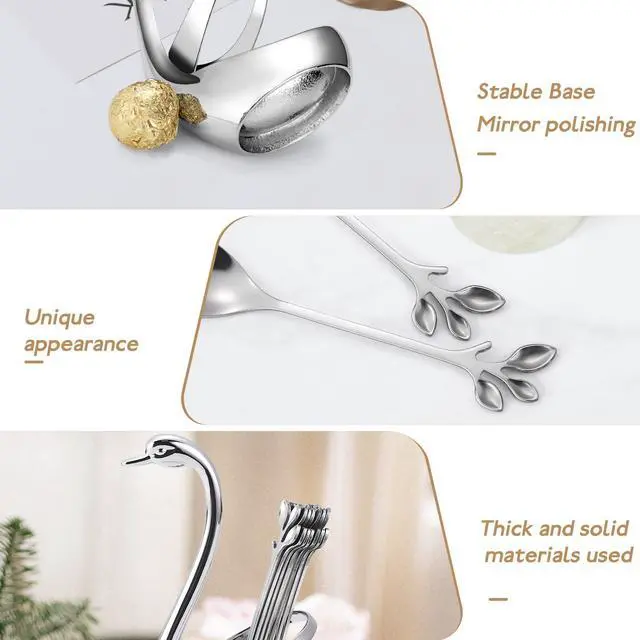 Alt view image 4 of 7 - Stainless Steel Silver Creative Dinnerware Set OIULO - Decorative Swan Base Holder with 12 Leaf Spoons for Coffee, Fruit,Dessert,Stirring, Mixing, Sugar, Stir, Ice Cream, Cake, Teaspoon (Silver)