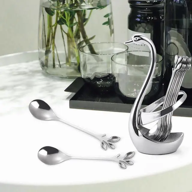 Alt view image 5 of 7 - Stainless Steel Silver Creative Dinnerware Set OIULO - Decorative Swan Base Holder with 12 Leaf Spoons for Coffee, Fruit,Dessert,Stirring, Mixing, Sugar, Stir, Ice Cream, Cake, Teaspoon (Silver)
