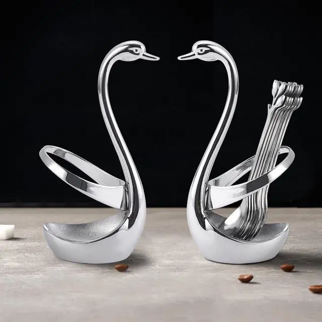 Alt view image 6 of 7 - Stainless Steel Silver Creative Dinnerware Set OIULO - Decorative Swan Base Holder with 12 Leaf Spoons for Coffee, Fruit,Dessert,Stirring, Mixing, Sugar, Stir, Ice Cream, Cake, Teaspoon (Silver)