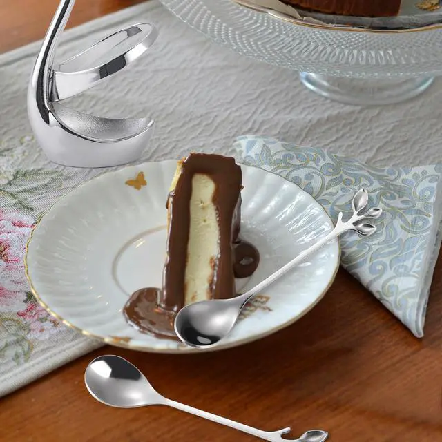 Alt view image 7 of 7 - Stainless Steel Silver Creative Dinnerware Set OIULO - Decorative Swan Base Holder with 12 Leaf Spoons for Coffee, Fruit,Dessert,Stirring, Mixing, Sugar, Stir, Ice Cream, Cake, Teaspoon (Silver)