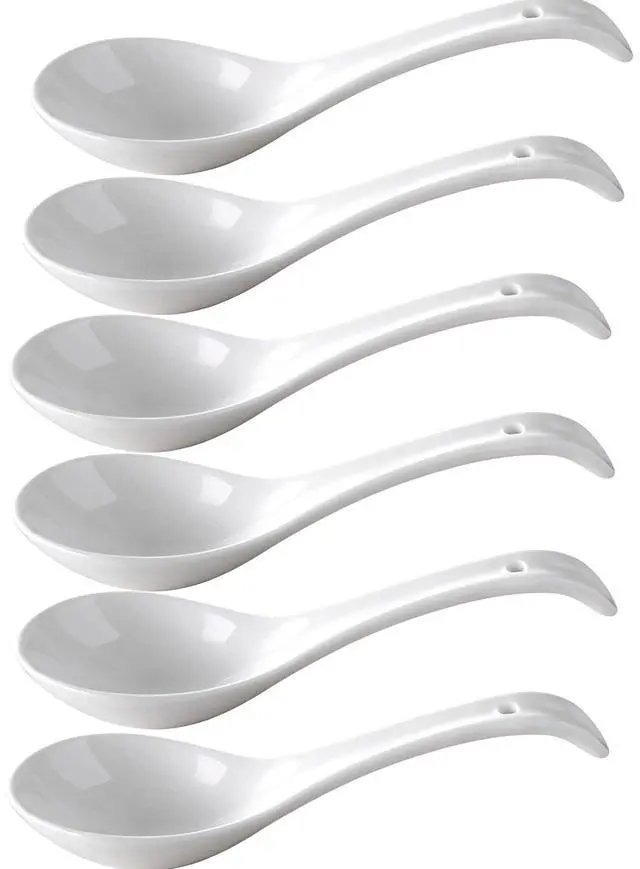 Main image of Ceramic Asian Soup Spoons, Set of 6 - Large Deep Oval Japanese Spoons for Ramen, Pho, Wonton, Miso & Noodles, White Chinese Soup Spoons