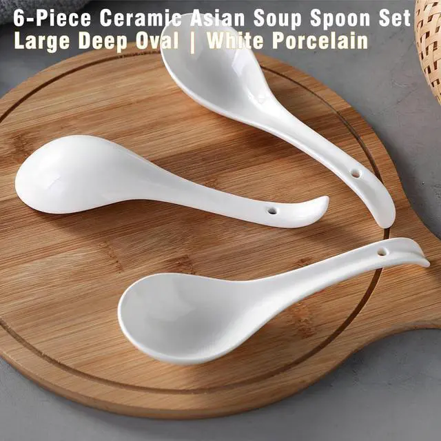 Alt view image 2 of 7 - Ceramic Asian Soup Spoons, Set of 6 - Large Deep Oval Japanese Spoons for Ramen, Pho, Wonton, Miso & Noodles, White Chinese Soup Spoons