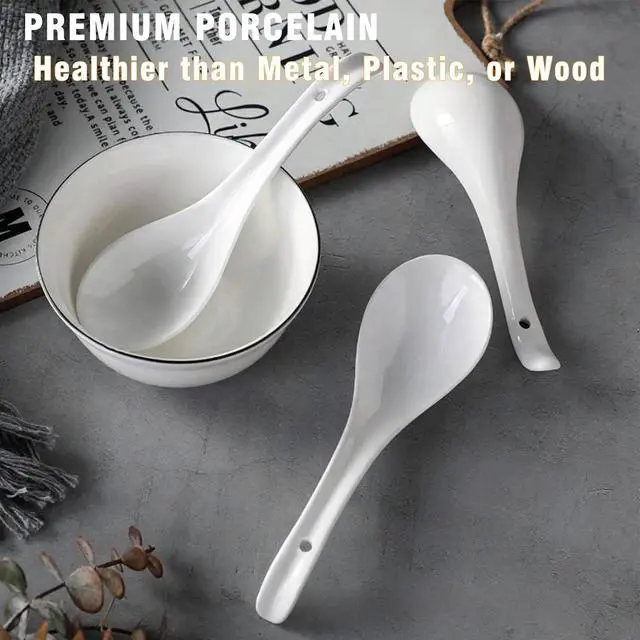 Alt view image 3 of 7 - Ceramic Asian Soup Spoons, Set of 6 - Large Deep Oval Japanese Spoons for Ramen, Pho, Wonton, Miso & Noodles, White Chinese Soup Spoons