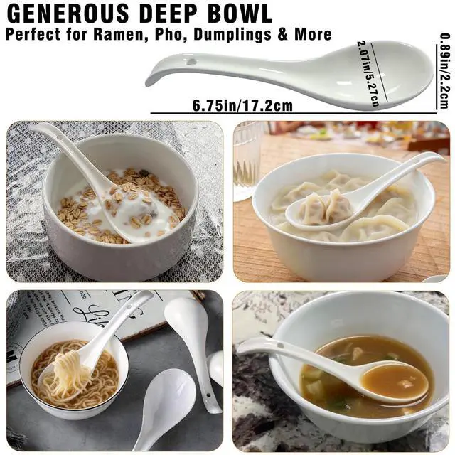 Alt view image 4 of 7 - Ceramic Asian Soup Spoons, Set of 6 - Large Deep Oval Japanese Spoons for Ramen, Pho, Wonton, Miso & Noodles, White Chinese Soup Spoons