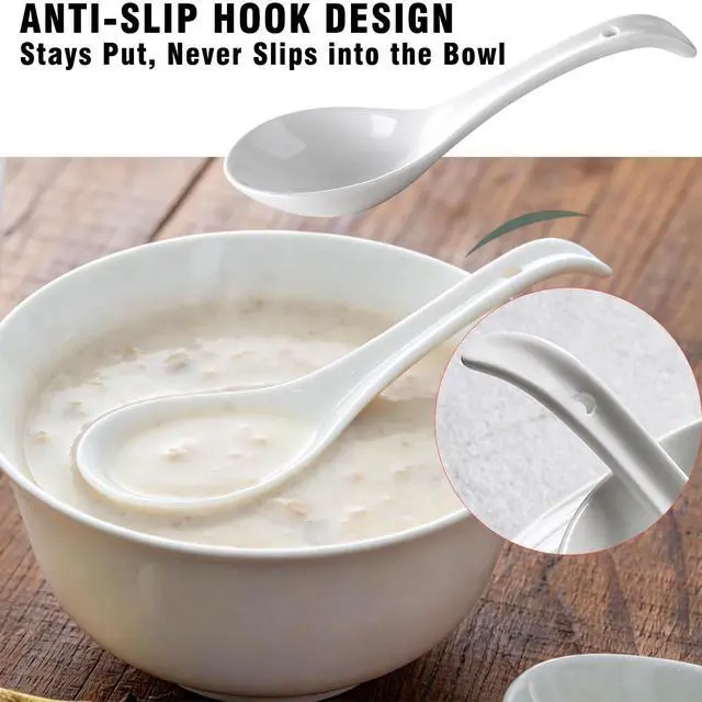 Alt view image 5 of 7 - Ceramic Asian Soup Spoons, Set of 6 - Large Deep Oval Japanese Spoons for Ramen, Pho, Wonton, Miso & Noodles, White Chinese Soup Spoons