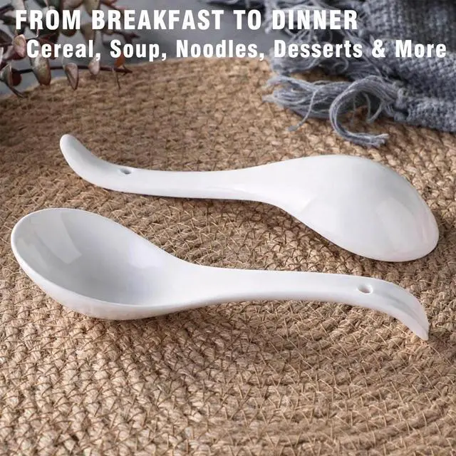 Alt view image 7 of 7 - Ceramic Asian Soup Spoons, Set of 6 - Large Deep Oval Japanese Spoons for Ramen, Pho, Wonton, Miso & Noodles, White Chinese Soup Spoons