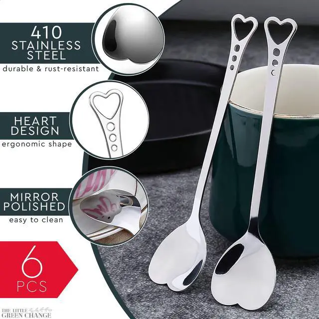 Alt view image 3 of 7 - Sugar Spoon Set of 6 5.6" Stainless Steel Heart Spoons for Coffee, Ice Latte, Tea, Cocktails, Ice Cream and Desserts Cute Spoon Set for Bridal Shower & Wedding Favors | Demitasse Coffee Spoons