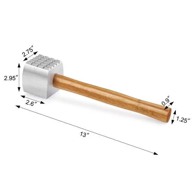 Alt view image 3 of 7 - Improved Quality Aluminum Meat Tenderizer with Wood Handle, 13 Inch Meat Mallet and Hammer, Dual-Sided Tenderizer for Beef, Chicken, Pork, and Venison