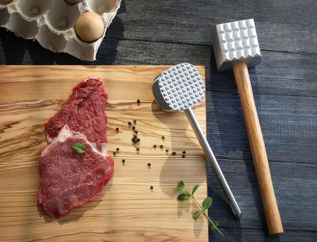 Alt view image 5 of 7 - Improved Quality Aluminum Meat Tenderizer with Wood Handle, 13 Inch Meat Mallet and Hammer, Dual-Sided Tenderizer for Beef, Chicken, Pork, and Venison