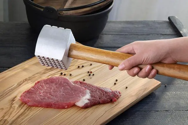 Alt view image 6 of 7 - Improved Quality Aluminum Meat Tenderizer with Wood Handle, 13 Inch Meat Mallet and Hammer, Dual-Sided Tenderizer for Beef, Chicken, Pork, and Venison