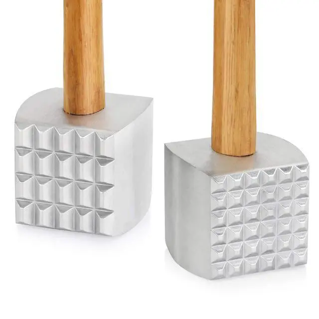 Alt view image 4 of 7 - Improved Quality Aluminum Meat Tenderizer with Wood Handle, 13 Inch Meat Mallet and Hammer, Dual-Sided Tenderizer for Beef, Chicken, Pork, and Venison