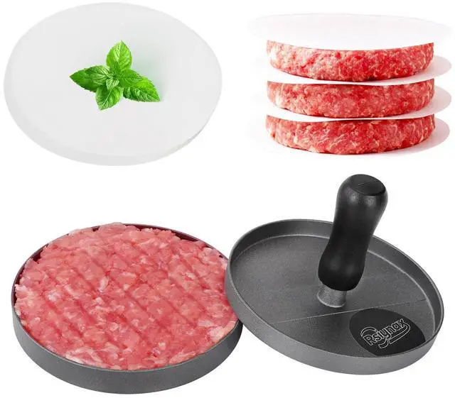 Main image of Burger Press Patty Maker, Non-Stick Aluminum Hamburger Mold with 100 Patty Papers for Kitchen Grill BBQ Camping