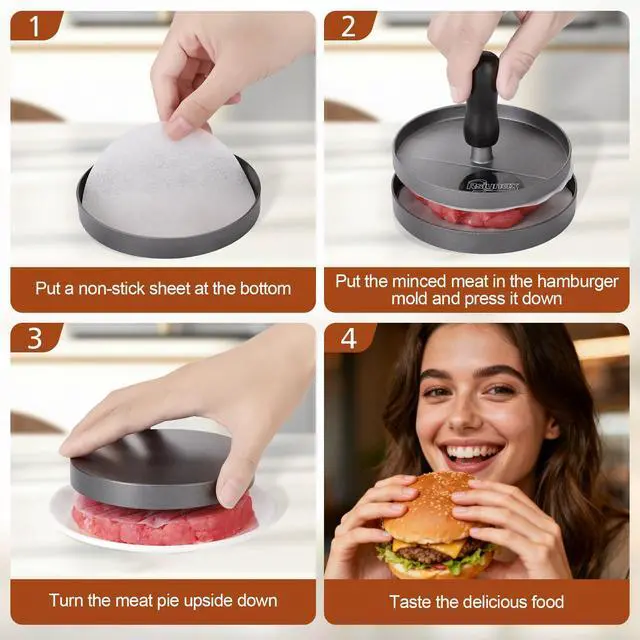 Alt view image 4 of 6 - Burger Press Patty Maker, Non-Stick Aluminum Hamburger Mold with 100 Patty Papers for Kitchen Grill BBQ Camping