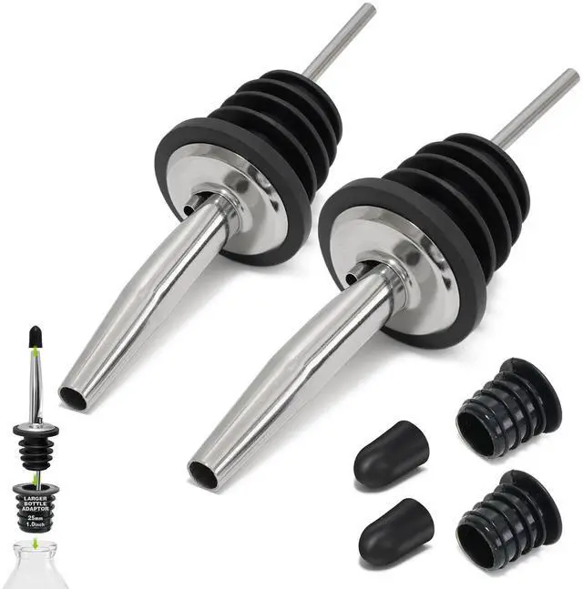 Main image of 2PCS Stainless Steel Pourers, Speed Wine Bottle Pourer, Olive Oil and Vinegar Tapered Stopper Spout, Liquor Pourers with Rubber Dust Caps for Alcohol, Olive Oil,Bartender Accessories with 2 Adapters