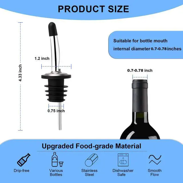 Alt view image 2 of 6 - 2PCS Stainless Steel Pourers, Speed Wine Bottle Pourer, Olive Oil and Vinegar Tapered Stopper Spout, Liquor Pourers with Rubber Dust Caps for Alcohol, Olive Oil,Bartender Accessories with 2 Adapters