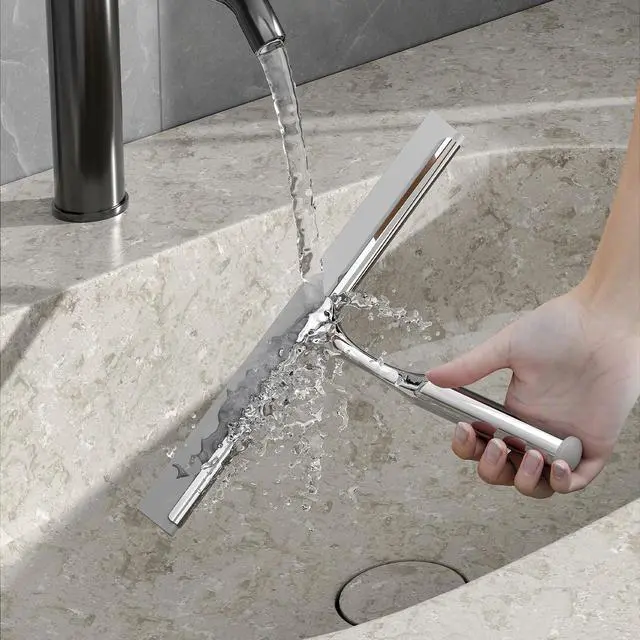 Alt view image 5 of 7 - Shower Squeegee for Glass Doors, Stainless Steel Shower Squeegee for Bathroom, Window and Tiles, All-Purpose Squeegee with Adhesive Hook-10, Chrome