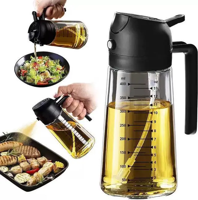 Main image of 2-in-1 Glass Oil Sprayer Bottle 16oz (470ml) for Cooking, Oil Dispenser for Air Fryer, Salad, BBQ, Kitchen Black and Olive green