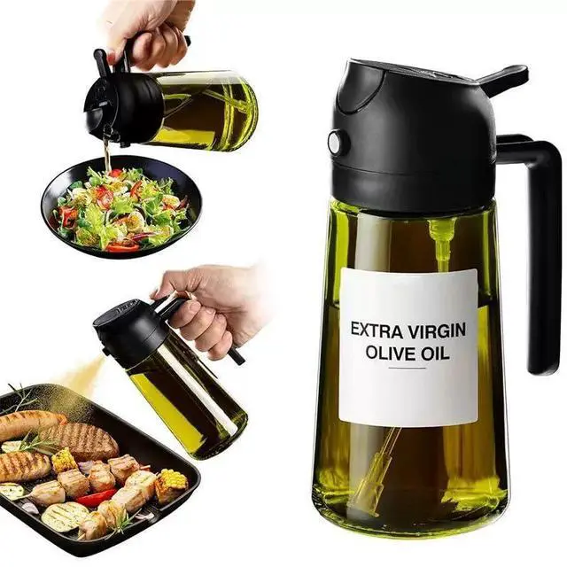 Alt view image 2 of 6 - 2-in-1 Glass Oil Sprayer Bottle 16oz (470ml) for Cooking, Oil Dispenser for Air Fryer, Salad, BBQ, Kitchen Black and Olive green