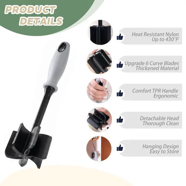 Alt view image 2 of 7 - Meat Chopper, 6 Curve Blades Meat Masher for Ground Beef & Meat, Heat Resistant Nylon Hamburger Smasher Tool, Burger Grinder Potato Masher for Vegetables, Sauces, Mixing & Mashing